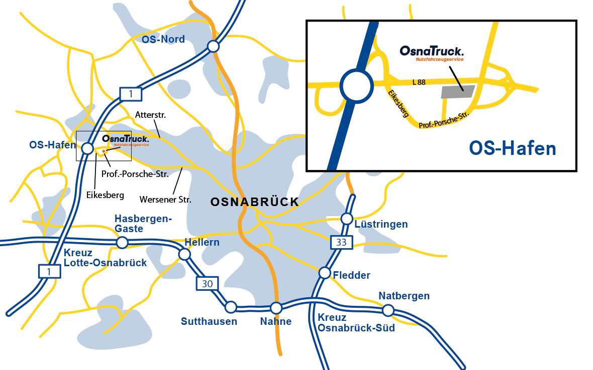 OsnaTruck Wegbeschreibung Kartenausschnitt mit der Wegbeschreibung zu OsnaTruck